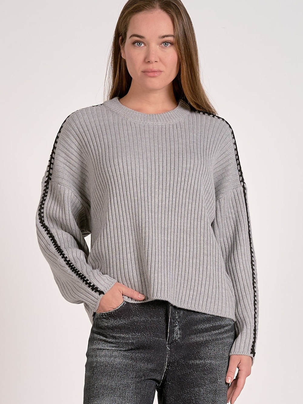 Elan Light Gray Ribbed Crewneck Sweater with Shoulder Trim